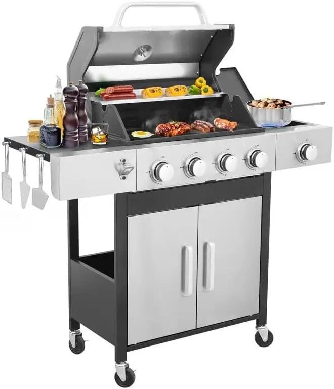 4-Burner Propane Gas Grill With Side Burner, 34,200 BTU Outdoor BBQ Grill with Stainless Steel Warming Rack & Enameled Cooking Grids – Foldable Side Tables, Built-in Thermometer – Heavy-Duty 6" Wheels by GreenHaven Gardens