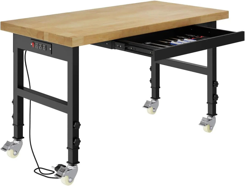 48" Work Bench with Drawers, Adjustable Height Workbench with Wheels, Heavy-Duty Work Table with Power Outlets, 2000 LBS Capacity Workstation for Garage, Workshop, Office, Home by GreenHaven Gardens