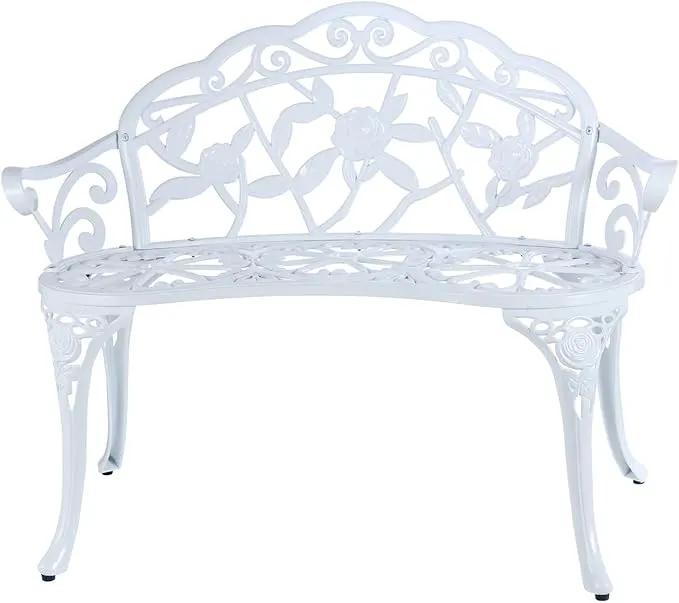 JARDIN DE CENTENNIAL Patio Garden Bench Metal Park Bench Cast Aluminum Outdoor Furniture with Floral Rose for Patio,Park,Lawn,Yard (White) by GreenHaven Gardens