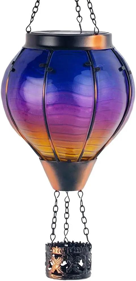 Starsoul Glass Solar Hot Air Balloon Flickering Flame Hanging Garden Light Purple Hot Air Balloon Solar Lantern with Large Basket Waterproof Hot Air Balloon Solar Lamp Decor by GreenHaven Gardens
