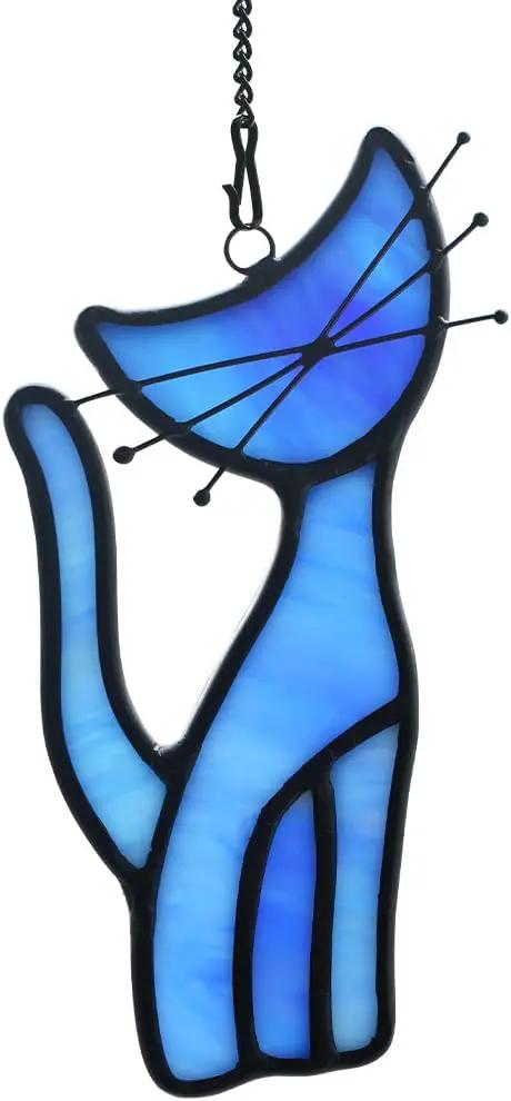 Cat Decor Stained Glass Window Hangings,Blue Cat Suncatcher for Window Cat Ornament Home Decor,Cat Themed Gifts for Women Cat Lovers Gifts,Great for Livingroom Bedroom by GreenHaven Gardens