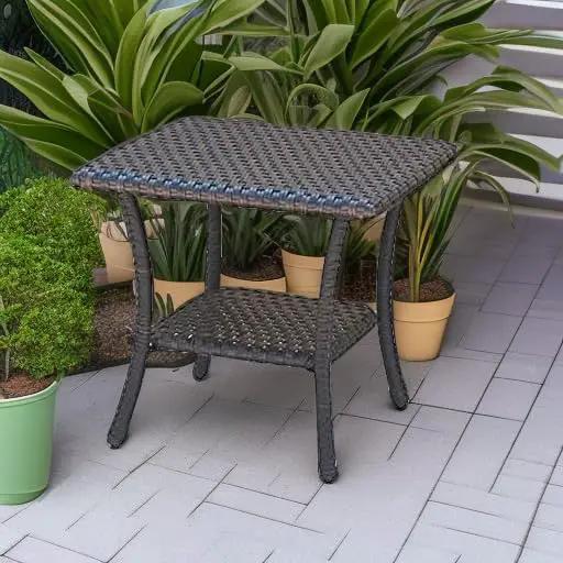 Patio Tables Outdoor Coffee Table - Wicker Rattan Side Tables with 2-Tier Storage Shelf End Table for Porch Deck Balcony Garden Outside Square Brown by GreenHaven Gardens