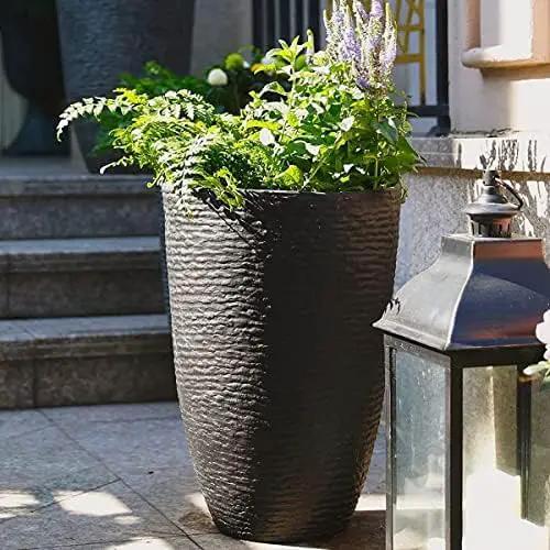 Worth Garden 21" H Tall Planters 2 Pack - 14'' Dia Resin Large Round Black Flower Pots for Outdoor Plants Trees - Imitation Stone Finish Plastic Indoor Front Porch 9 Gallon Decorative Container Patio by GreenHaven Gardens