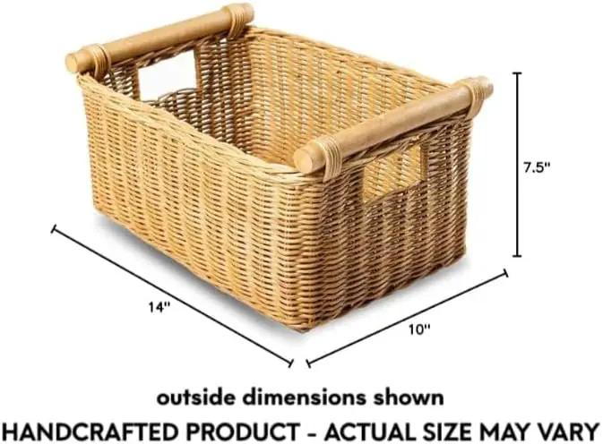 The Basket Lady Pole Handle Wicker Storage Basket, Small, 14 in L x 10 in W x 7.5 in H, Sandstone by GreenHaven Gardens
