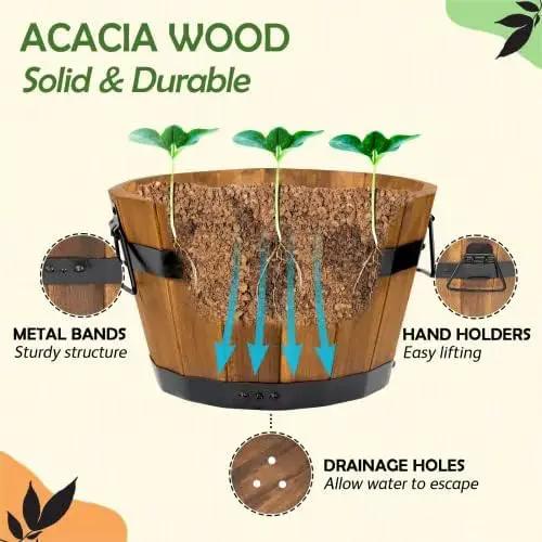 IDZO Set of 3 Wooden Upgraded Brown Orange Flower Boxes Outdoor, Durable Acacia Wood Barrel Planters for Outdoor Plants with Ergonomic Handles, Drainage Holes, Multiple Sizes Wood Bucket Planter by GreenHaven Gardens
