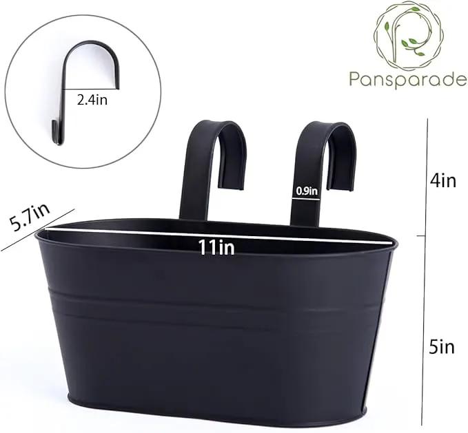 3 Pack Metal Hanging Flower Pots for Railing Fence，Outdoor Balcony Rail Planter with Detachable Hooks Drainage Holes for Deck Garden Home Decor Black by GreenHaven Gardens