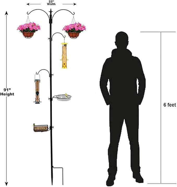 Premium Bird Feeding Station with 2 Bird Feeders Included for Outside - Multi Feeder Pole Stand Kit with 4 Hangers, Bird Bath and 5 Prong Base for Attracting Wild Birds - 22 Inch Wide x 91 Inch Tall by GreenHaven Gardens