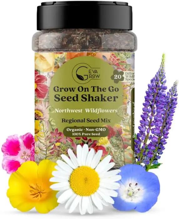 Geva Grow on The Go Seed Shaker - Northwest Wildflower Seeds Regional Mix - Organic, Non-GMO - 100% Pure Seed - 20 Different Wildflowers Seeds of Annual and Perennial, 2oz by GreenHaven Gardens
