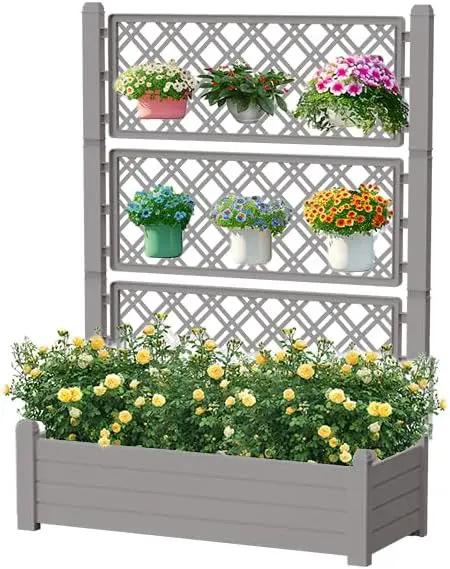 59.3in Planter Box Trellis, Large Outdoor Plastic Raised Garden Bed with Drain Plug for Climbing Plants(Gray,43.43 * 18.27 * 59.29) by GreenHaven Gardens