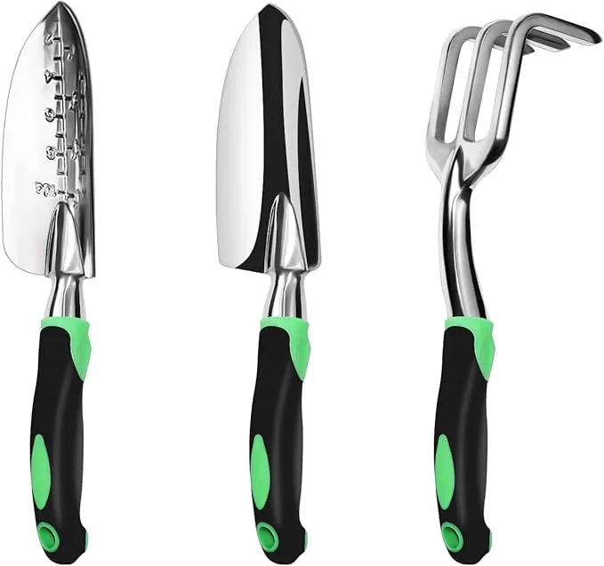 Garden Tool Set, 3 Pack Aluminum Heavy Duty Gardening Kit Includes Hand Trowel, Transplant Trowel and Cultivator Hand Rake with Soft Rubberized Non-Slip Ergonomic Handle, Garden Gifts by GreenHaven Gardens