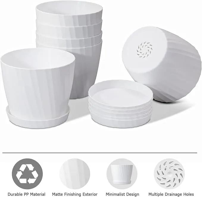 7 Inch Plant Pots Bulk, 6 Pack Plastic Planters with Drainage Holes and Saucers for Indoor Outdoor House Plants and Flowers, White