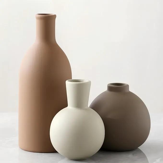 Vase Set of 3 | Ceramic Neutral Vases Home Decor | Rustic Flower Pottery Vases Modern Farmhouse Vase for Table Entryway Mantel Centerpiece Bookshelf Living Room Bathroom Bedroom -Brown Large by GreenHaven Gardens