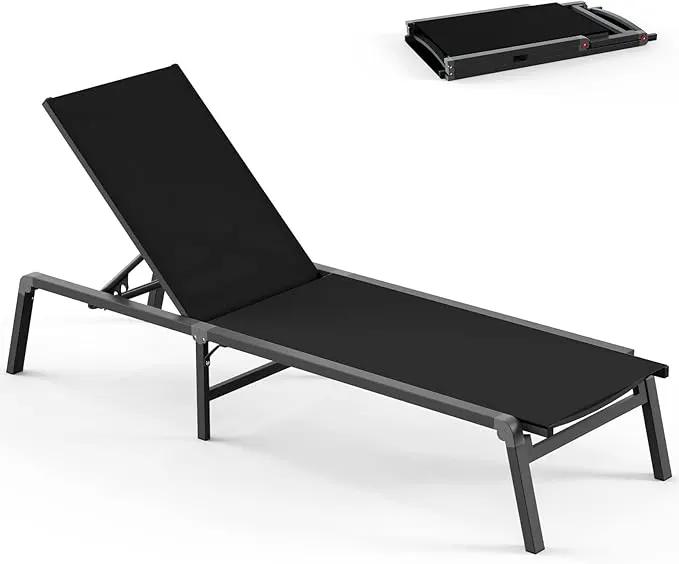 Chaise Lounge Outdoor, Foldable Aluminum Pool Lounge Chairs with 5 Positions Recliner - Free Assembly - Patio Chaise Lounge Chair for Poolside, Beach, Yard (Black) by GreenHaven Gardens