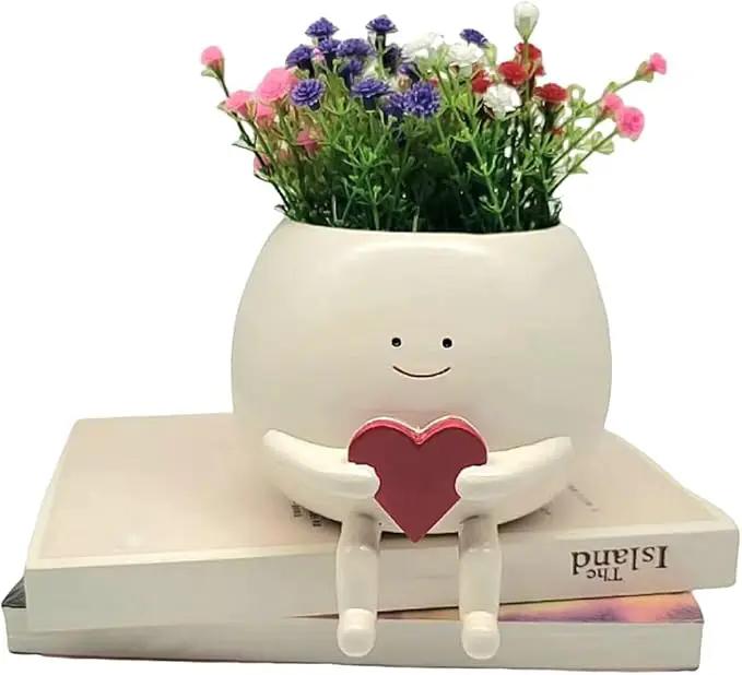 Face Planter Pots Head Cute Resin Cactus for Indoor and Outdoor Face Vase Home Decor Bookshelf Decor Unique Loving Heart Succulent Pots by GreenHaven Gardens