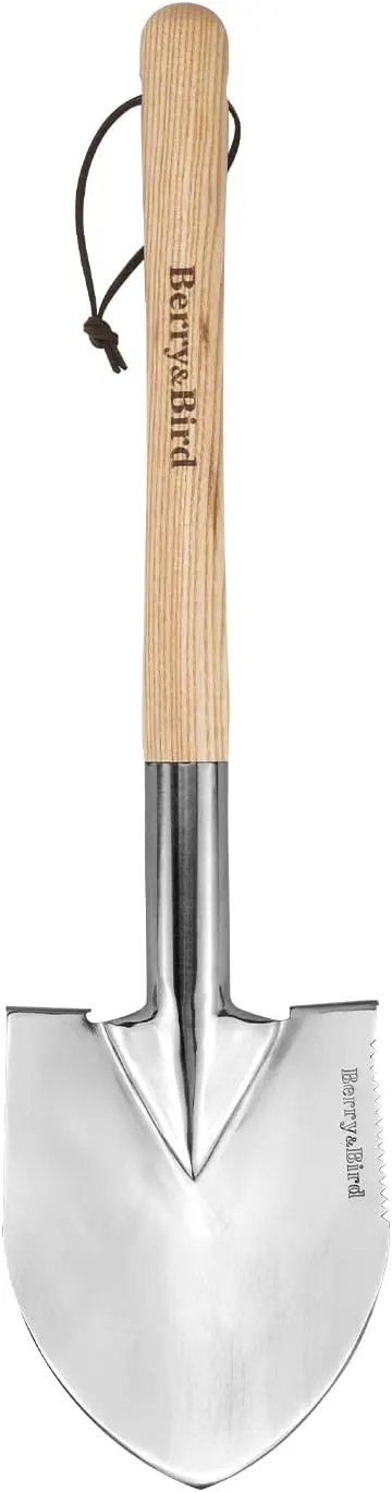 Berry&Bird Short Hand Shovel, 19.8’’ Digging Trowel for Gardening with Wood Handle Stainless Steel Round Point Spade Shovel with Serrated for Cutting, Transplanting & Weeding by GreenHaven Gardens