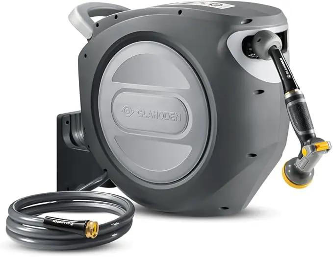 Retractable Garden Hose Reel 5/8 in x 100 ft Upgraded UV Resistant Heavy Duty Automatic Hose Reel Wall Mount 3/4 in Brass Fitting 9 Pattern Nozzle Any Length Lock Slow Retraction by GreenHaven Gardens