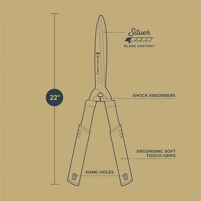 Woodland Tools 22" Regular Duty Hedge Shears - High Carbon Steel Blades, Non-Stick Coating, Cushioned Grips, Shock-Absorbing Bumpers, Manual Hedge Clippers for Shrubs and Bushes by GreenHaven Gardens