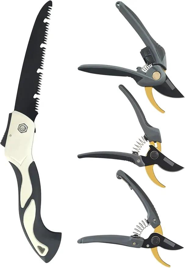 4 Piece Gardening Scissors Folding Saw and Pruner Set Sharp Hand Garden Clippers Set with Folding Pruner Saw by GreenHaven Gardens