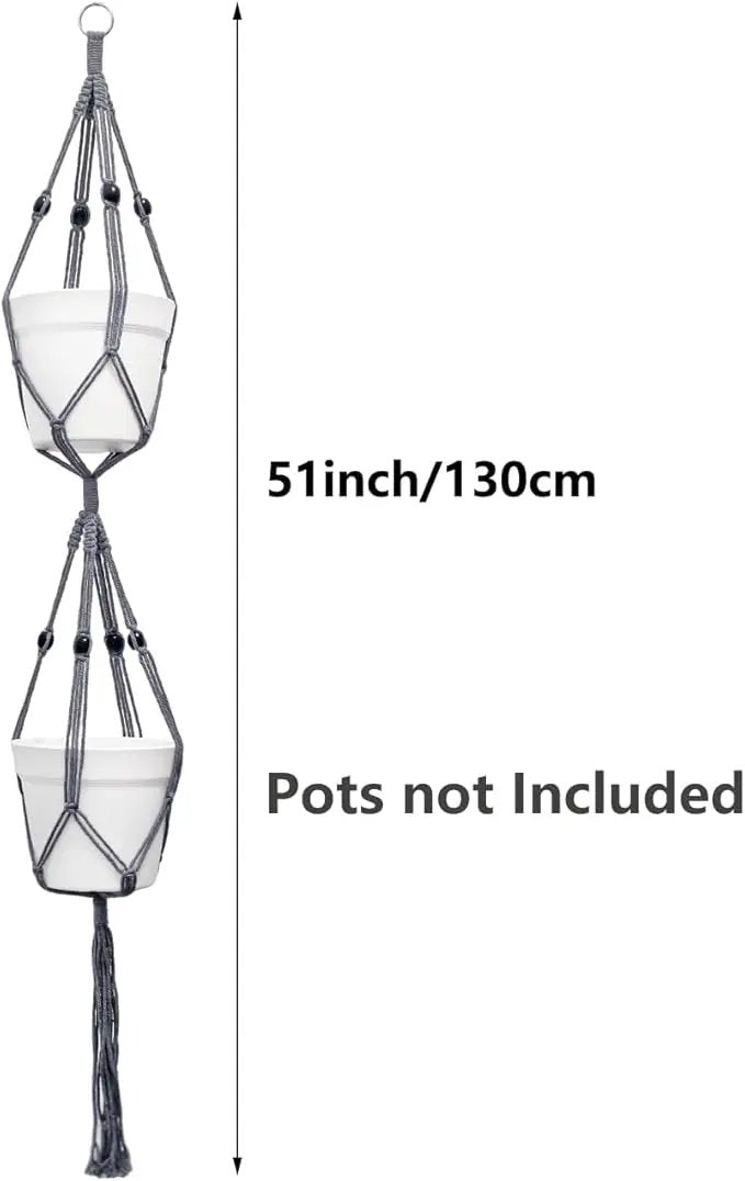 Belit 2 Pack Double Macrame Plant Hangers 2 Tier Hanging Planter Basket Decorative Flower Pot Holder Rope for Indoor Outdoor Home Decor 51 Inch, Grey by GreenHaven Gardens