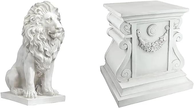 Design Toscano Lion of Florence Sentinel Statue (13 Inches Wide, 21 Inches Deep, 28 Inches High) and Classic Statuary Garden Plinth Base Riser, Large (15 Inches Wide,14 Inches Deep,15 Inches High) by GreenHaven Gardens