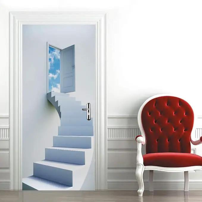 3D Door Stickers Murals - Stairs - Door Wallpaper - Self-Adhesive - Removable - PVC - Waterproof - Matt Finish - Modern Style - White - 37.4" x 78.7" by GreenHaven Gardens