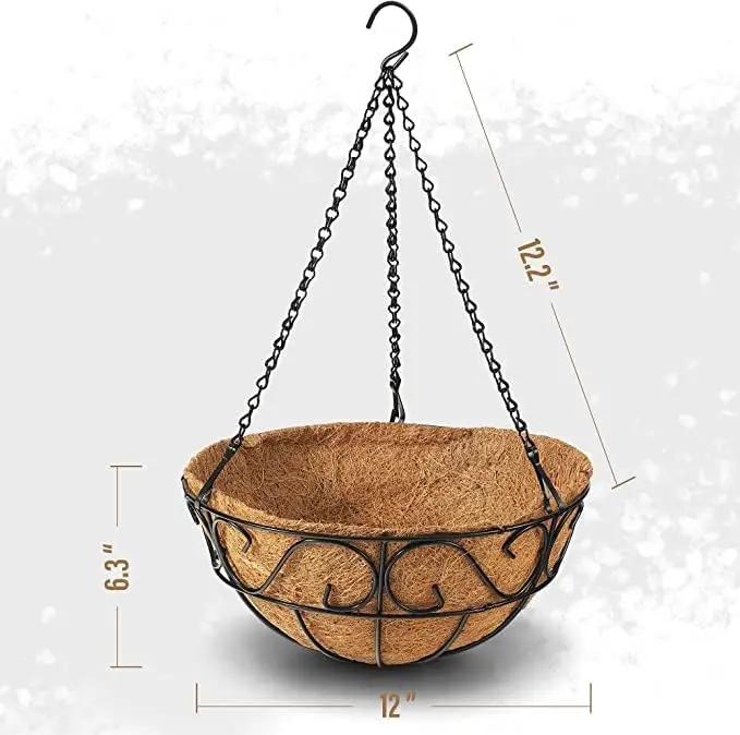 2 Pack Metal Hanging Planter Basket with Coco Coir Liner Chain Round for Garden Decoration Porch Indoor Outdoor (S Shape) by GreenHaven Gardens