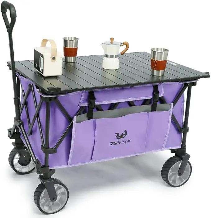 Whitsunday Folding Collapsible Utility Wagon, 400Lbs Heavy Duty Outdoor Park Beach Wagon with Table and Side Pocket for Garden Camping Sports Shopping Purple by GreenHaven Gardens
