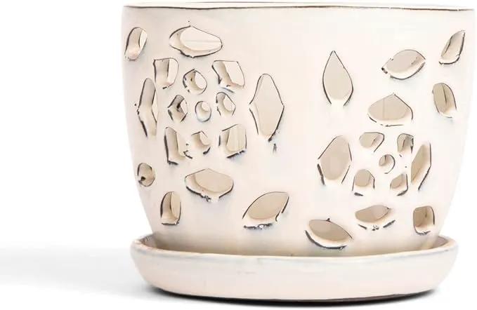 rePotme 5 inch Orchid Pot - Floral Cutout Ceramic Orchid Pot with Holes (White Diamond) - Includes 5 inch Slotted Pot Liner by GreenHaven Gardens