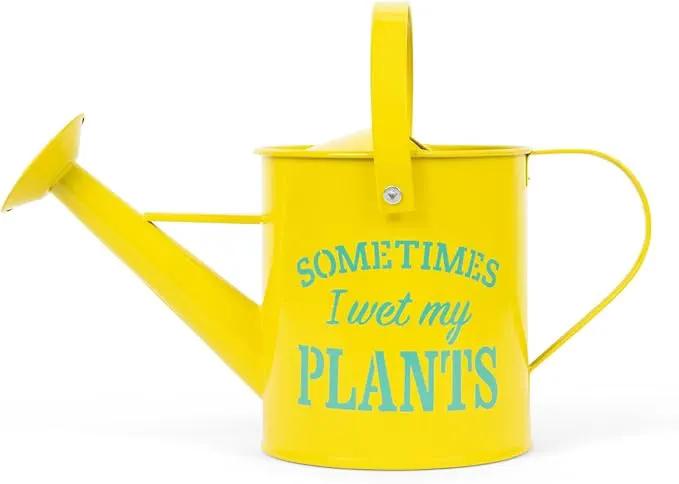 Small Indoor Watering Can - Gardening Gifts for Women -Sometimes I Wet My Plants- 1.6 L - Cute Watering Can for Gardeners - Yellow Galvanized Metal by GreenHaven Gardens