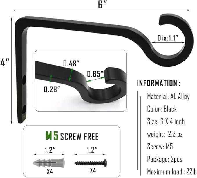 Hanging Plant Bracket 6inch Metal Plant Hook Shepherds Hook Decorative Wall Plant Hanger for Hanging Lanterns, Bird Feeder, Flower Basket, Home Decor Indoor & Outdoor 2 Pack (Black) by GreenHaven Gardens