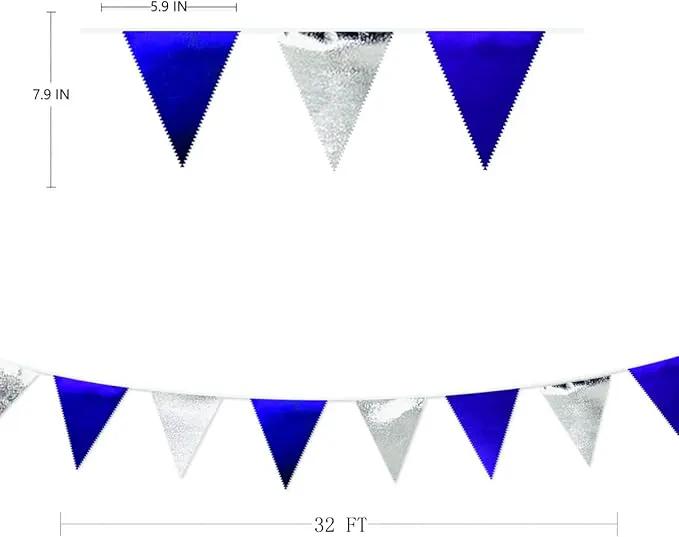 Royal Blue Silver Party Decorations Navy Blue Triangle Pennant Banner Flag Metallic Fabric Bunting Garland for Birthday Graduation Wedding Retirement Nautical Ahoy Achor Pirate Theme Party Supplies by GreenHaven Gardens