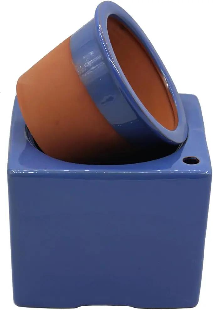 Ceramic African Violet Self Watering Pot 6 Inch Square Pot 3.5 Inch Innter Pot Easy Fill Water Reservoir Blue by GreenHaven Gardens