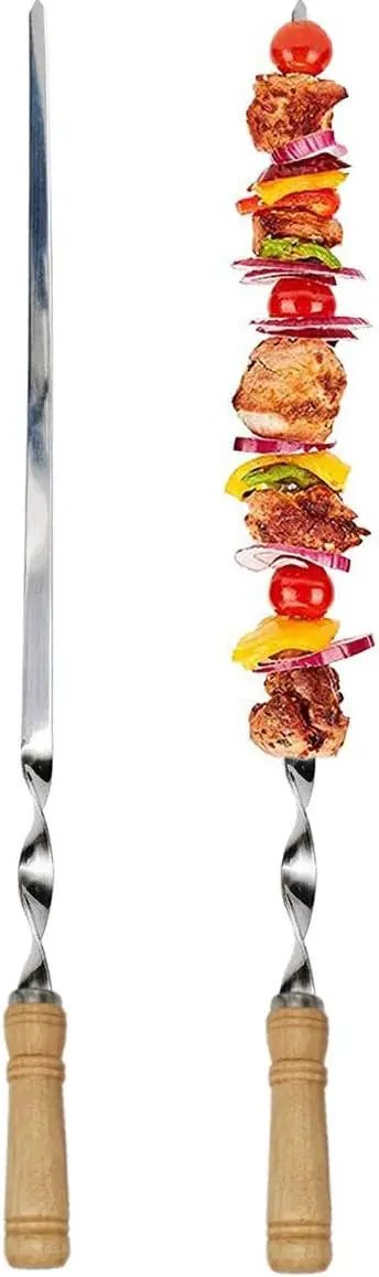 12 Pack Kabob Skewers BBQ Barbecue Skewers Stainless Steel Sticks 22 Inch Heavy Duty Large Wide Reusable with Nonslip Wooden Handle Ideal for Shish Kebab Chicken Shrimp and Vegetables by GreenHaven Gardens