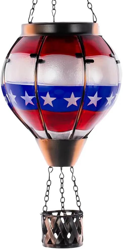 DREAMSOUL Flag Hot Air Balloon Solar Lantern, Glass Solar Lantern with Flickering Flame, Hanging Waterproof Solar Lanterns Outdoor Flag Day for Patio Decor, Fourth of July Decorations Christmas Gifts by GreenHaven Gardens