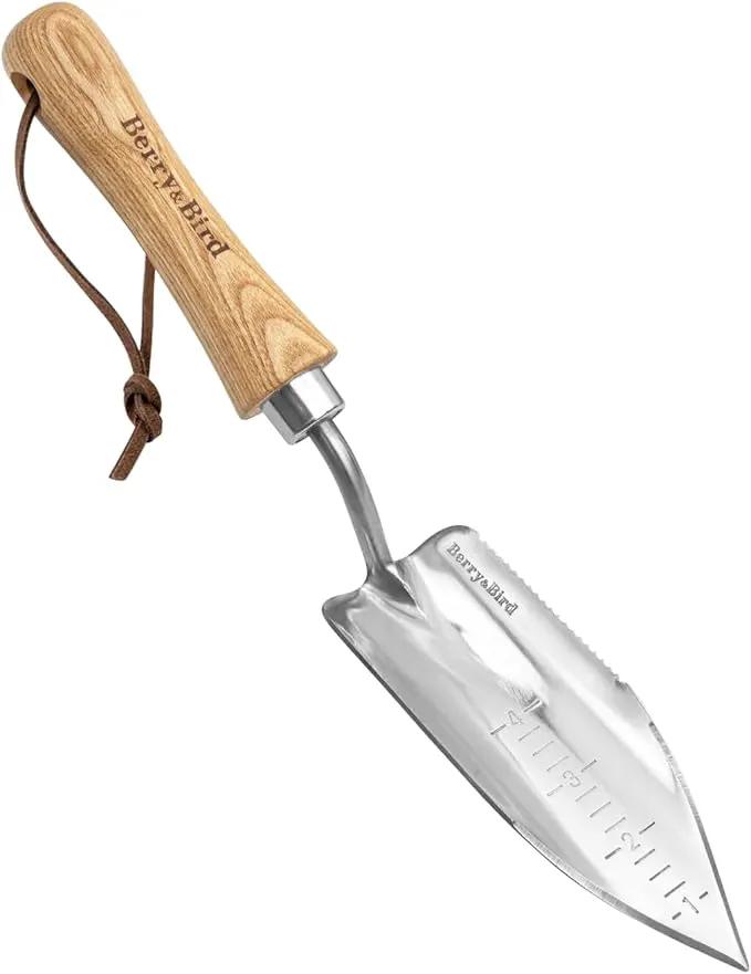 Berry&Bird Potting Trowel, Stainless Steel Serrated Hand Shovel, Wood Handle Garden Trowel Tool with Measuring Scale for Effortless Digging,Roots，Planting, Cutting and Transplanting by GreenHaven Gardens