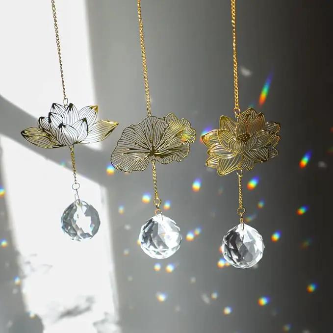 H&D HYALINE & DORA Suncatchers Lotus Leaf Pendant with Crystal Prisms Window Hang Sun Catcher Ornament Rainbow Maker for Home Garden Rearview Mirror Charms, Pack of 3