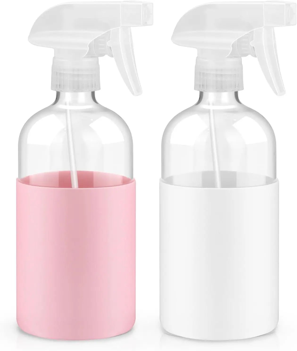 2 Pack Glass Spray Bottles with Long Silicone Sleeve, 16 oz Empty Refillable Containers with Adjustable Spray Nozzles, Spray Bottles for Hair, Cleaning Solutions and Plants Pink&White by GreenHaven Gardens