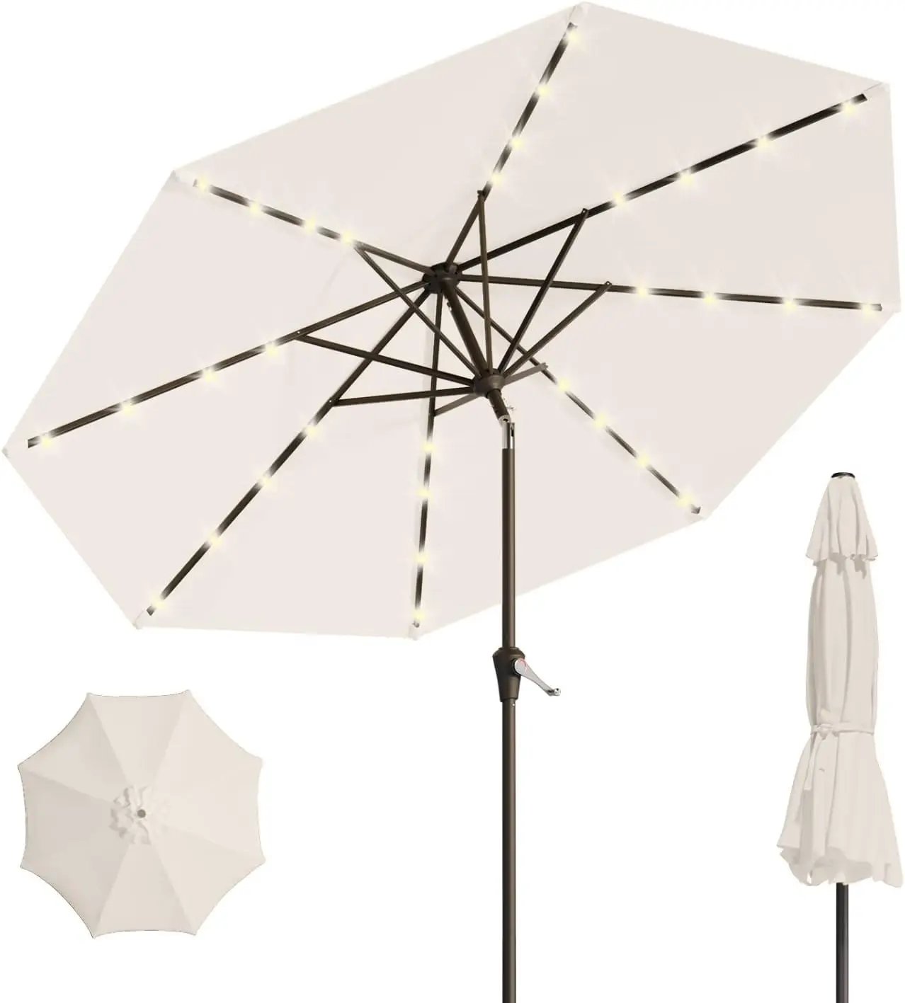 9FT Solar Umbrella 32 LED Lighted Patio Umbrella Table Market Umbrella w/Tilt and Crank, UV-Resistant Outdoor Umbrella for Pool, Garden, Deck, Creamy White by GreenHaven Gardens