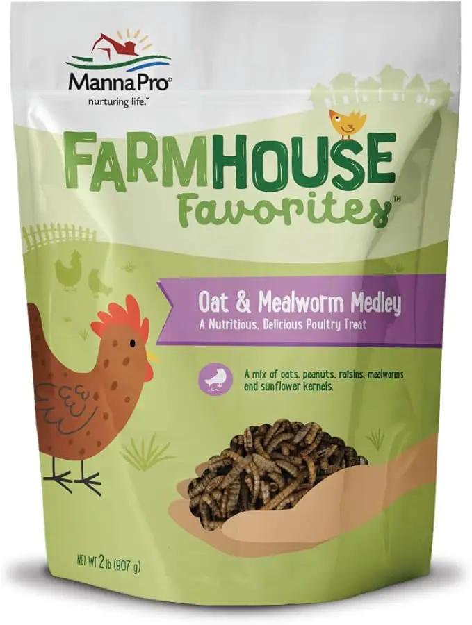 Manna Pro Farmhouse Favorites Oat & Mealworm Mix Poultry Treat – Natural Protein Source – Encouraging Poultry Treat – Mix of Oats, Peanuts, Raisins, Mealworms, Sunflower Kernels – 2lbs by GreenHaven Gardens