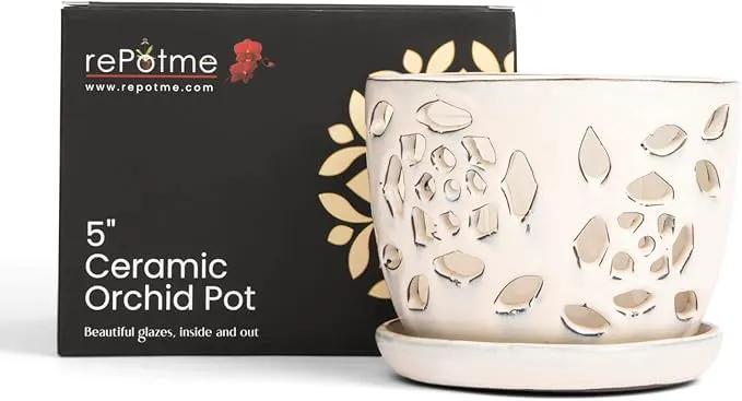 rePotme 5 inch Orchid Pot - Floral Cutout Ceramic Orchid Pot with Holes (White Diamond) - Includes 5 inch Slotted Pot Liner by GreenHaven Gardens