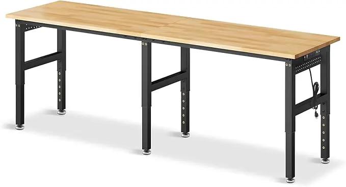 96”Adjustable Work Bench, 5000 LBS Capacity Heavy Duty Workbench with Power Outlet & Pegboard, Rubber Wood Work Table for Garage, Workshop, Office, Home by GreenHaven Gardens