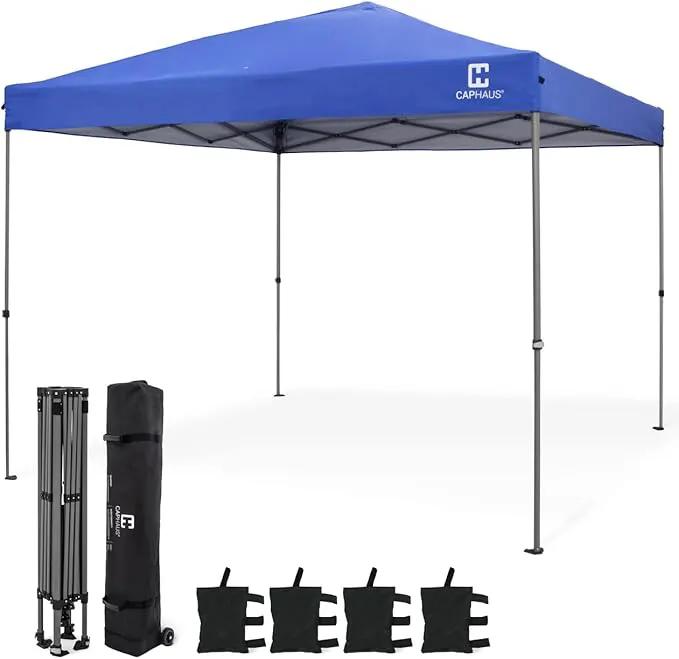 CAPHAUS 12ft x 12ft Patented One-Push Pop Up Outdoor Canopy Tent, Heavy-Duty Commercial Grade w/Central Lock, Portable and Instant Folding Shelter with Wheeled Carry Bag and Weight Bag, Blue by GreenHaven Gardens