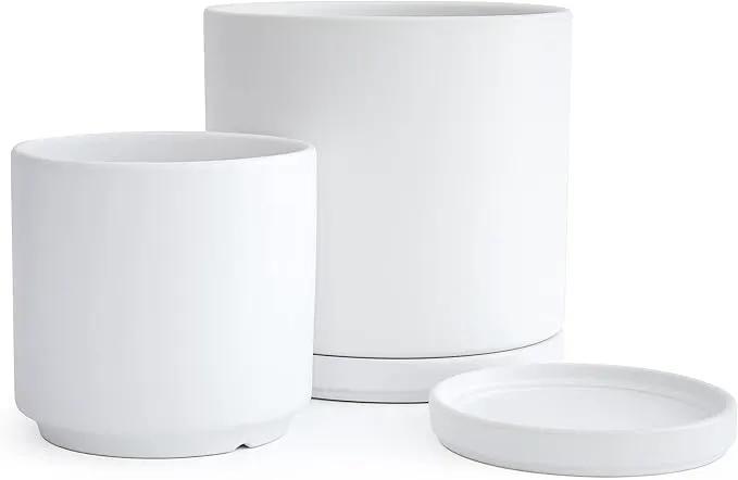 D'vine Dev 6 Inch & 8 Inch Ceramic Planter Pots for Plants with Drainage Hole and Saucer, Medium Plant Pots Set, White, 94-G-M-1 by GreenHaven Gardens