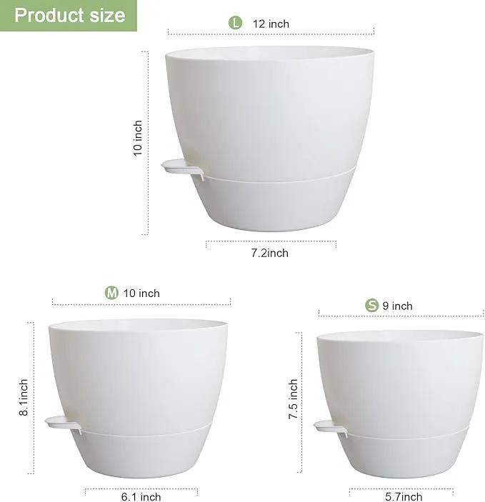 12/10/9 inch Large Self Watering Pots, Plant Pots with Mesh Drainage Holes for Indoor Outdoor Garden Plants, Flower Pots with Removable Deep Reservoir, Set of 3 Plastic Planters, White by GreenHaven Gardens