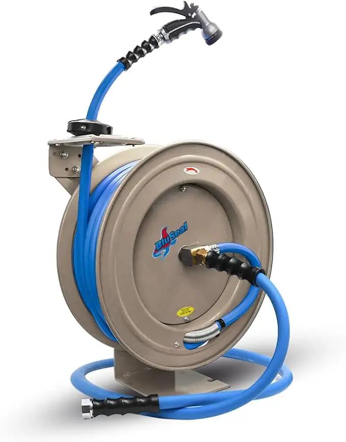 Auto Retractable Water Hose Reel with Hot & Cold Water Rubber Garden Hose, Spray Nozzle - Ultra Light, Super Strong with 6' Lead-in Hose (5/8” x 50’ Cream) by GreenHaven Gardens