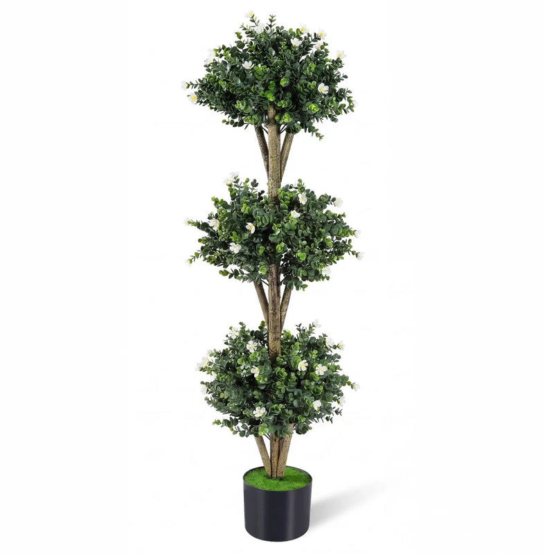 51" Artificial Triple Ball Boxwood Topiary Tree with 59 Blossoms by DirectDeals