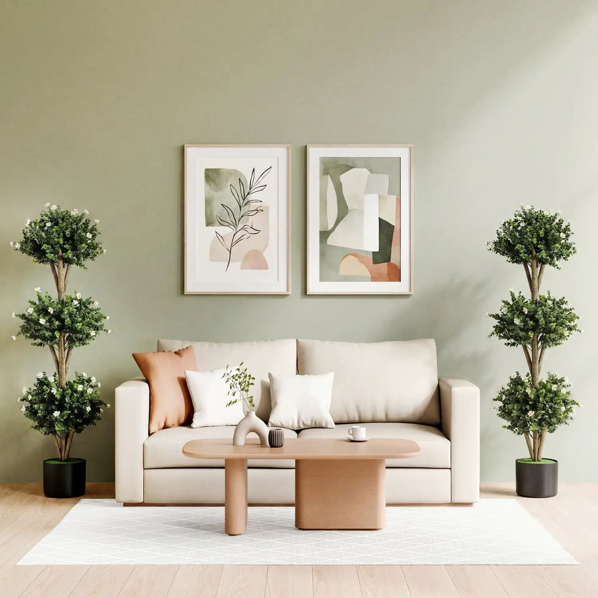 51" Artificial Triple Ball Boxwood Topiary Tree with 59 Blossoms, photo 5 of 16