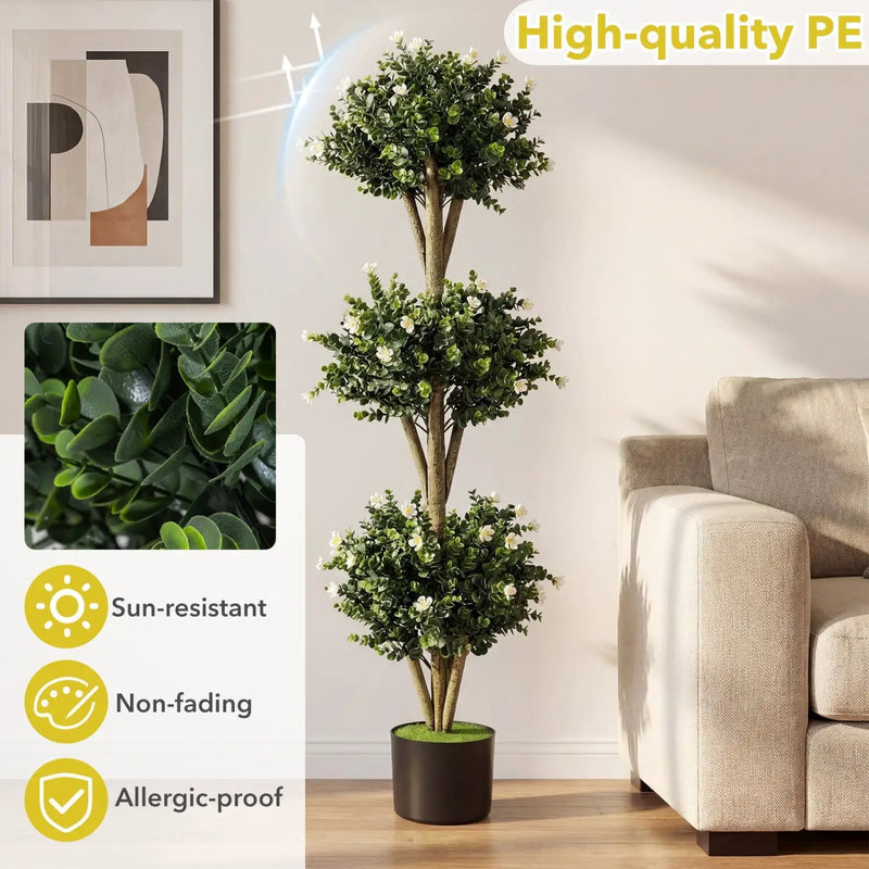 51" Artificial Triple Ball Boxwood Topiary Tree with 59 Blossoms by DirectDeals