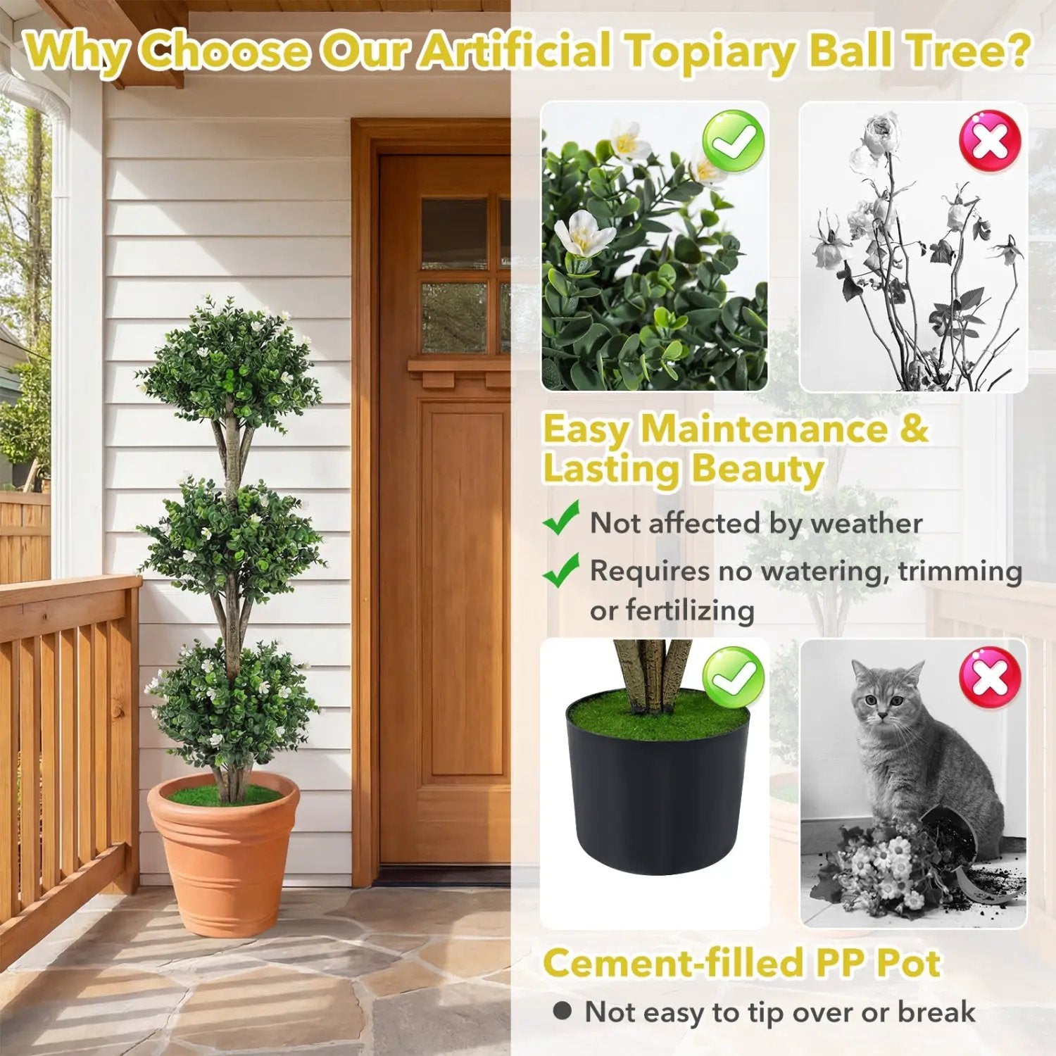 51" Artificial Triple Ball Boxwood Topiary Tree with 59 Blossoms by DirectDeals