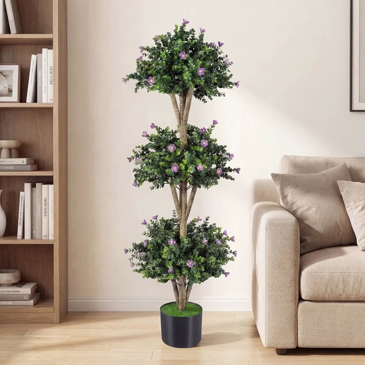 51" Artificial Triple Ball Boxwood Topiary Tree with 59 Blossoms by DirectDeals